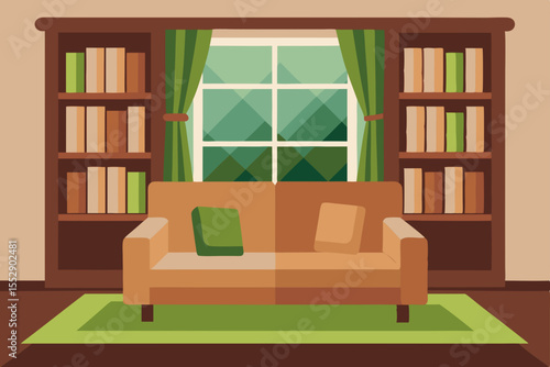 Modern interior design showcases a living room with a sleek bookshelf and inviting furniture, creating a stylish and functional home office