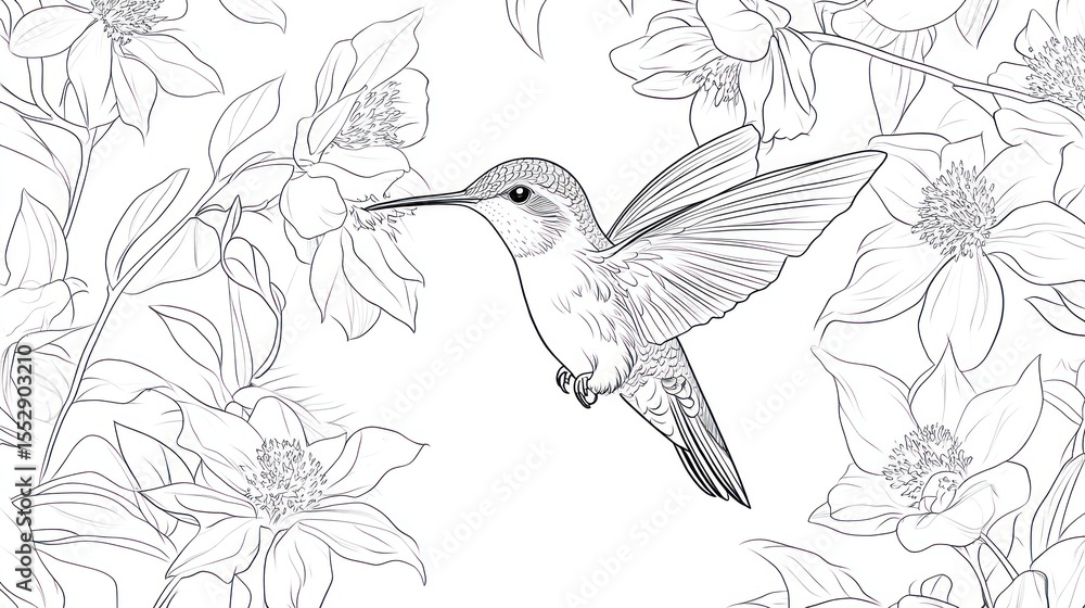 Obraz premium Hummingbird in Flowers, Black and White Line Art Illustration