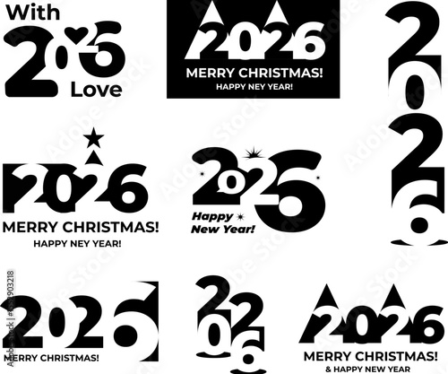 2026 negative space design. Numbers. New Year logotype, set of designs for calendars, posters, etc. Black and white vector illustration on white