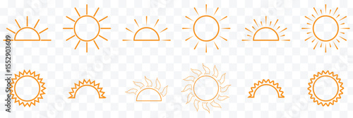 sun icon set, sunshine and solar glow, sunrise or sunset. Decorative circle full and half sun and sunlight. Hot solar energy for tan. Vector EPS 10