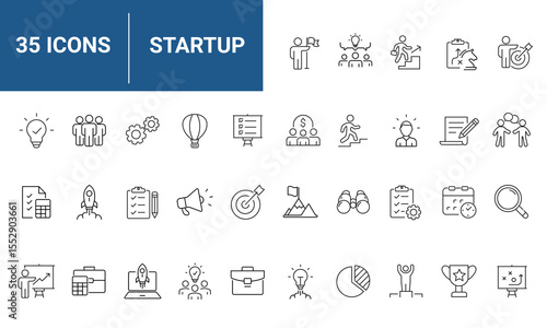 Start up set of web icons in line style. Business startup icons for web and mobile app. Startup project, development, creative idea, target, innovation, marketing, launch business, strategy and more