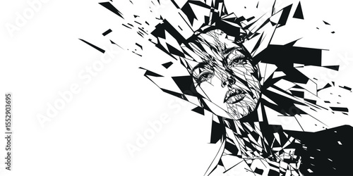 Young woman face monochrome graphics. Emotion of despair, sadness, stress concept print. Vector illustration.
