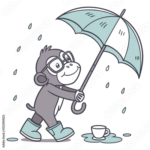 Playful Joyful Chimpanzee design, styled with wearing glasses and Raindrop Calm shades in a Rainy day setting