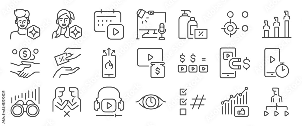 influencer icon set. It included creator, content, social media, marketing, and more icons. Editable Vector Stroke. influencer icon set. It included creator, content, social media, marketing, and more icons. Editable Vector Stroke.
