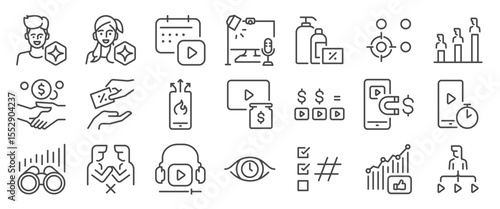influencer icon set. It included creator, content, social media, marketing, and more icons. Editable Vector Stroke.