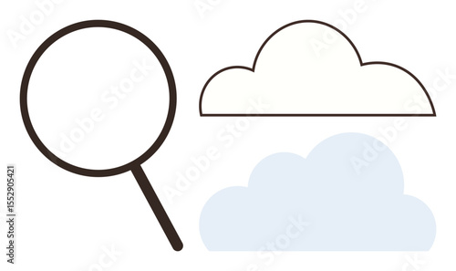Magnifying glass with outlined and filled cloud shapes symbolizing search, analysis, innovation, technology. Ideal for cloud computing, research, exploration, online service, innovation simplicity