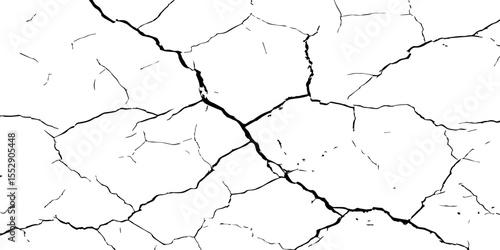 A close-up, high-contrast, black and white image of a cracked surface. The intricate network of cracks, ranging from thick, deep fissures to fine, branching lines, creates a stark and textured pattern