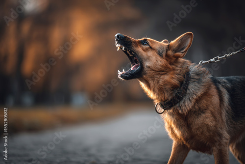 Aggressive German Shepherd on leash with open mouth and bared fangs, snarling against a blurred park or forest background, dynamic angle