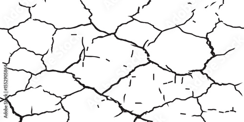 A close-up, high-contrast, black and white image of a cracked surface. The intricate network of cracks, ranging from thick, deep fissures to fine, branching lines, creates a stark and textured pattern