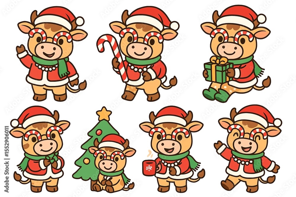 Fototapeta premium Cute cartoon reindeer characters celebrating Christmas with gifts, candy canes, and festive decorations.