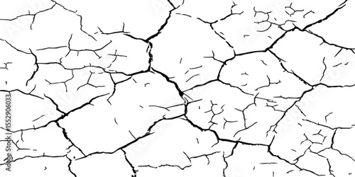 A close-up, high-contrast, black and white image of a cracked surface. The intricate network of cracks, ranging from thick, deep fissures to fine, branching lines, creates a stark and textured pattern