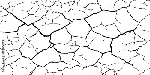 A close-up, high-contrast, black and white image of a cracked surface. The intricate network of cracks, ranging from thick, deep fissures to fine, branching lines, creates a stark and textured pattern