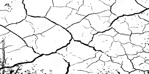 A close-up, high-contrast, black and white image of a cracked surface. The intricate network of cracks, ranging from thick, deep fissures to fine, branching lines, creates a stark and textured pattern