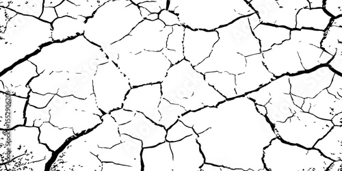 A close-up, high-contrast, black and white image of a cracked surface. The intricate network of cracks, ranging from thick, deep fissures to fine, branching lines, creates a stark and textured pattern