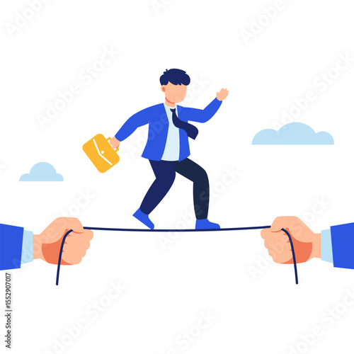 Balancing Business Risks with Professional Precision While Walking Tightrope Holding Briefcase in a Corporate Setting Focused on Strategy and Leadership