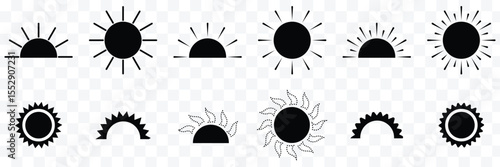 sun icon set, sunshine and solar glow, sunrise or sunset. Decorative circle full and half sun and sunlight. Hot solar energy for tan. Vector EPS 10