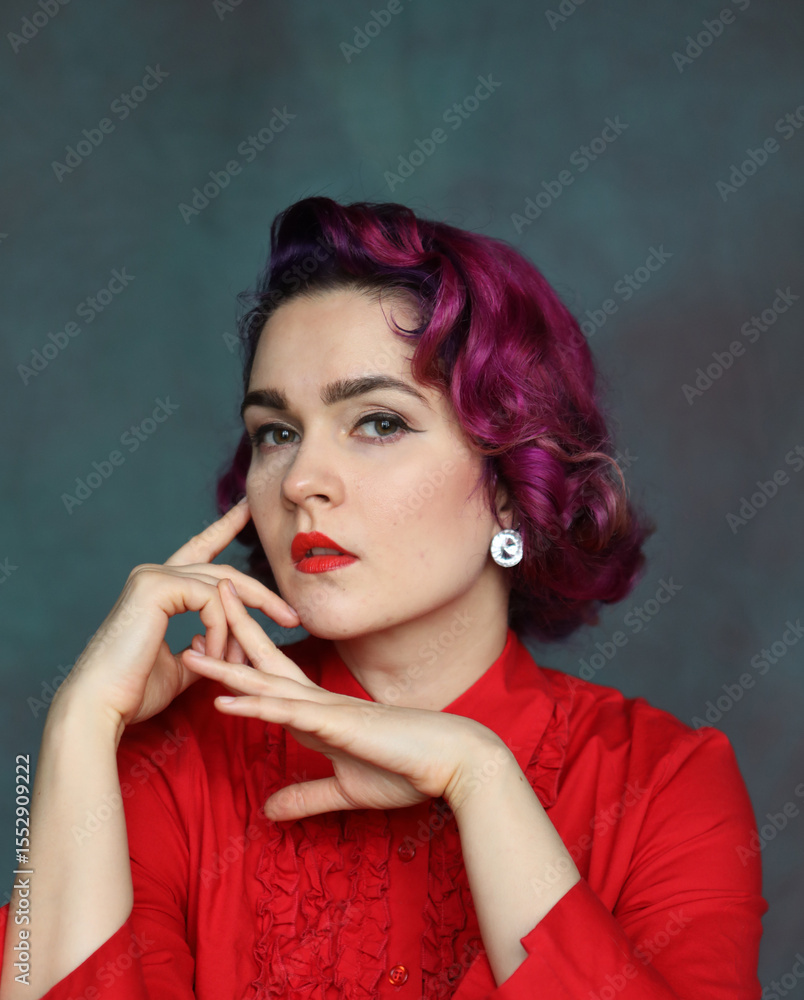 Charming young woman with pink and purple hair in vintage style. Charming young woman with pink and purple hair in vintage style.