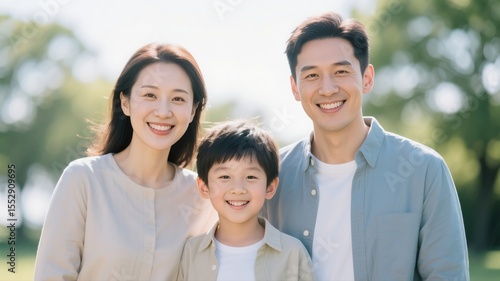 An Asian family portrait of smiling parents with their young son.