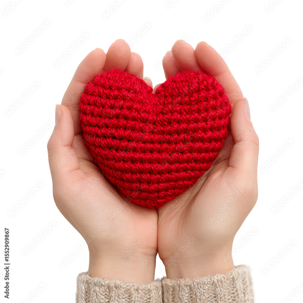Fototapeta premium Two hands gently cradling a small, knitted red heart. The image evokes feelings of warmth, love, and care.