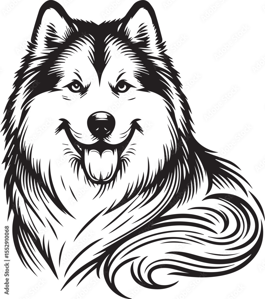 Naklejka premium Siberian Husky Dog Vector Illustration in Black and White 