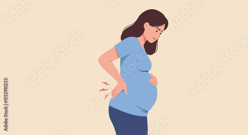 Illustration of a Pregnant Woman Experiencing Back Pain from Carrying a Baby for Health Education and Maternal Care Awareness