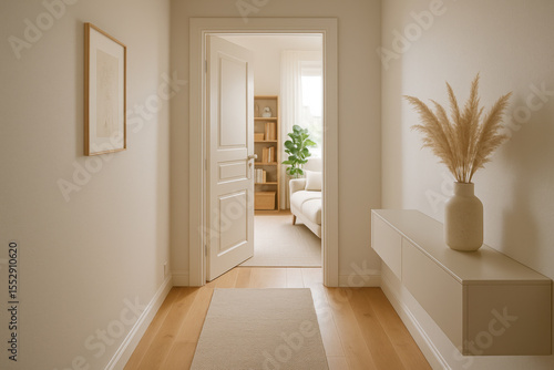 Modern, bright hallway with open door leading to living room