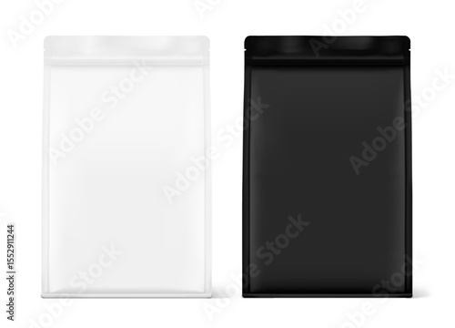 Vertical flat bottom gusset bag mockup for food, sport nutrition. Front view. Vector illustration isolated on white background. Can be use for template your design. EPS10.