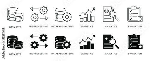 Data analytics icon set , Data mining  web icon concept with icon of data sets, pre-processing, database systems, statistics, analytics and evaluation , vector illustration . 
