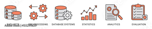 Data analytics icon set , Data mining  icon concept with icon of data sets, pre-processing, database systems, statistics, analytics and evaluation , vector illustration . 