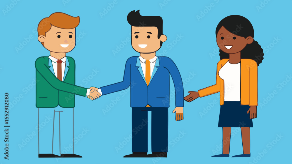 Obraz premium Three cartoon business people shaking hands in front of a blue background illustration style image