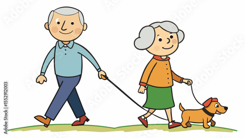 Cartoon illustration of an elderly couple walking with their dog on a grassy field together happily