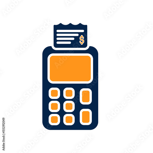 Flat icon of modern POS terminal with printed receipt and payment keypad representing digital transaction and cashier concept in retail business

