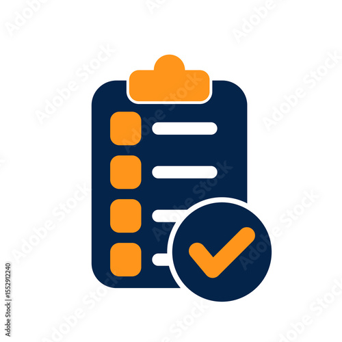 Flat modern clipboard and checklist icon in orange and navy blue, minimalist design for task management, to-do lists, productivity tracking, and organizational application interfaces.