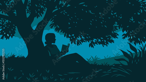 Silhouette of a person reading a book under a tree with grass and plants in a blue and dark setting