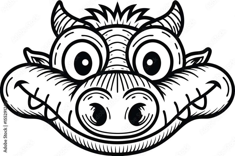Obraz premium Cartoonish dragon face with horns, big eyes, and a friendly smile is sketched