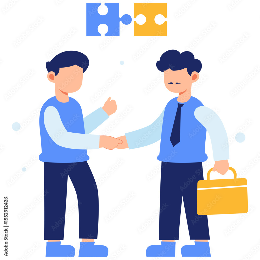 Obraz premium Two Businessmen Shaking Hands Representing Cooperation and Strategic Partnership Through Puzzle Piece Connection