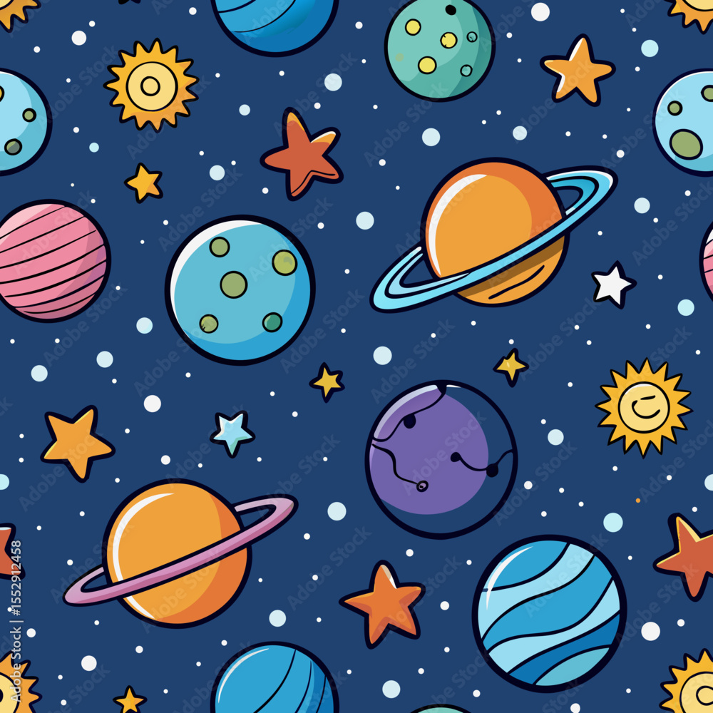 Seamless pattern with planets stars and suns on a dark blue background space themed cosmic design Seamless pattern with planets stars and suns on a dark blue background space themed cosmic design