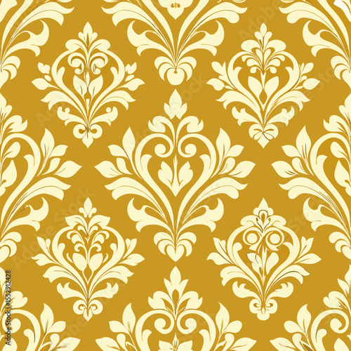 Seamless damask pattern with ornate floral designs on a mustard yellow background creating a repeat motif