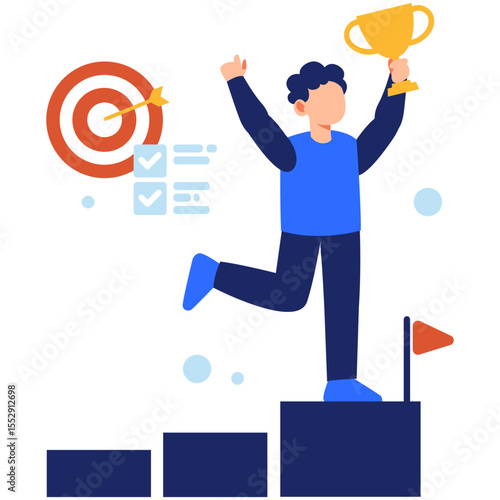 Celebrating achievement by holding a trophy with a target behind symbolizing goal success and personal or professional growth