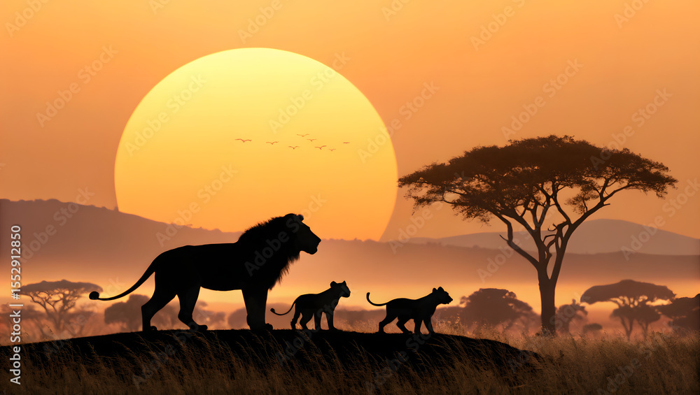 Fototapeta premium Lion family silhouettes at sunset with warm orange sky