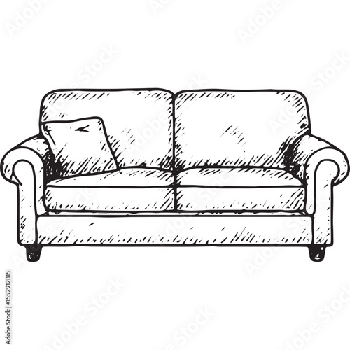 Hand-drawn sketch of a plush two-seater sofa with cushions, perfect for cozy living room settings, ideal for interior design and furniture illustration