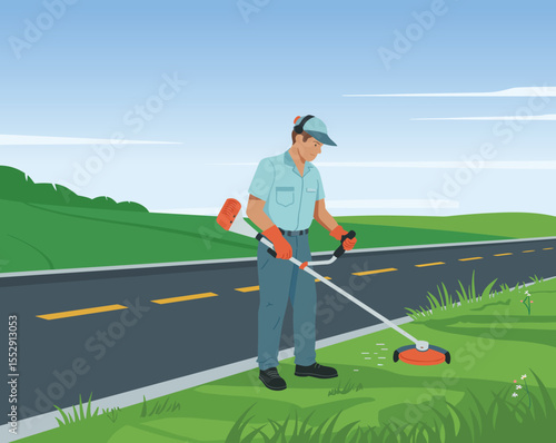 Landscaping worker using a weed wacker along a roadside, vector illustration