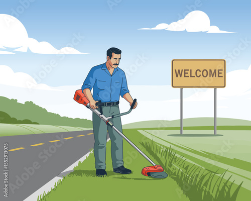 Man Using String Trimmer Along Roadside - A Flat Vector Illustration