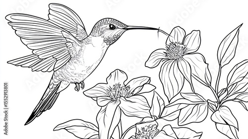 Hummingbird feeding on flower, line art illustration, nature scene, decorative