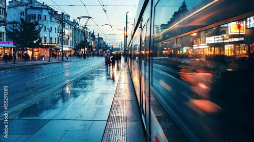 City commuters boarding tram and bus in motion at modern illuminated street at dusk