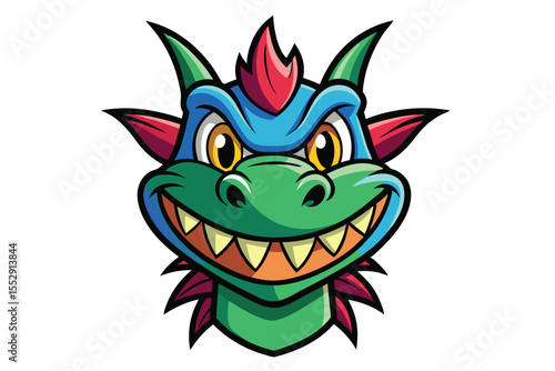 Cartoonish dragon face with green, blue, and red scales grins menacingly at the viewer