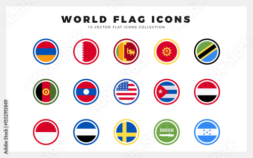 10 World Flags Rounded. icons Pack. vector illustration.