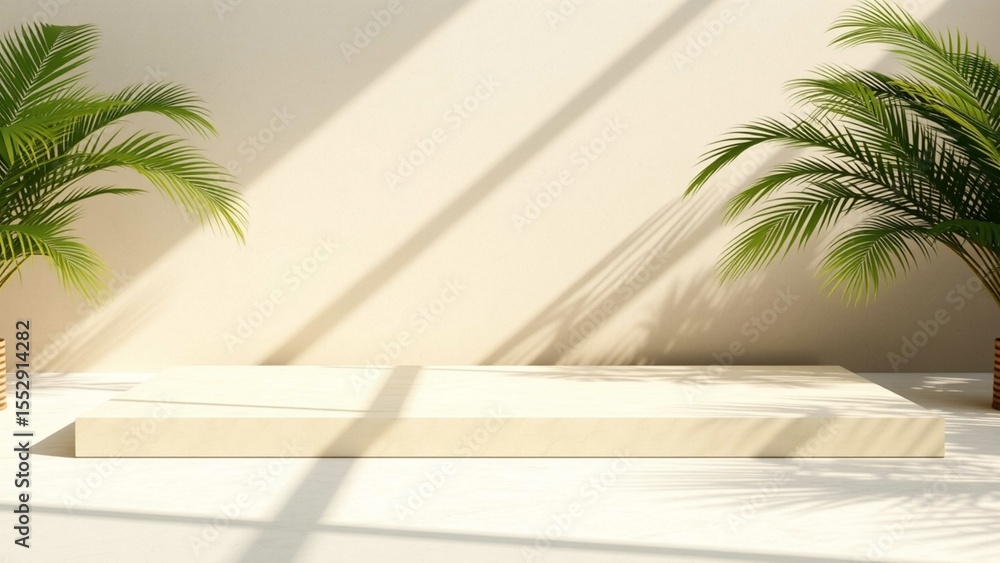 Fototapeta premium Beige terrazzo display platform with soft sunlight shadows and tropical palm leaves. Minimalist interior design for product showcase with calm, elegant, and modern atmosphere.