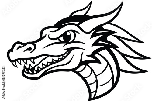 Fierce dragon head shows sharp teeth and strong gaze, outlined in black