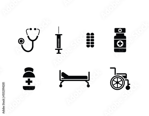 Medical equipments vector icons set in black color with white background.